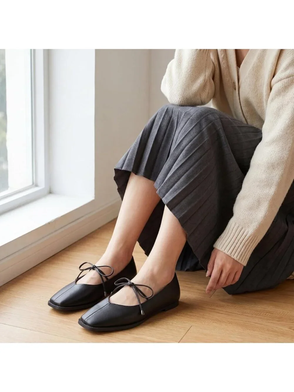 Women's Black Mary Jane Ballet Flats Square Toe Bow Comfort Dress Shoes